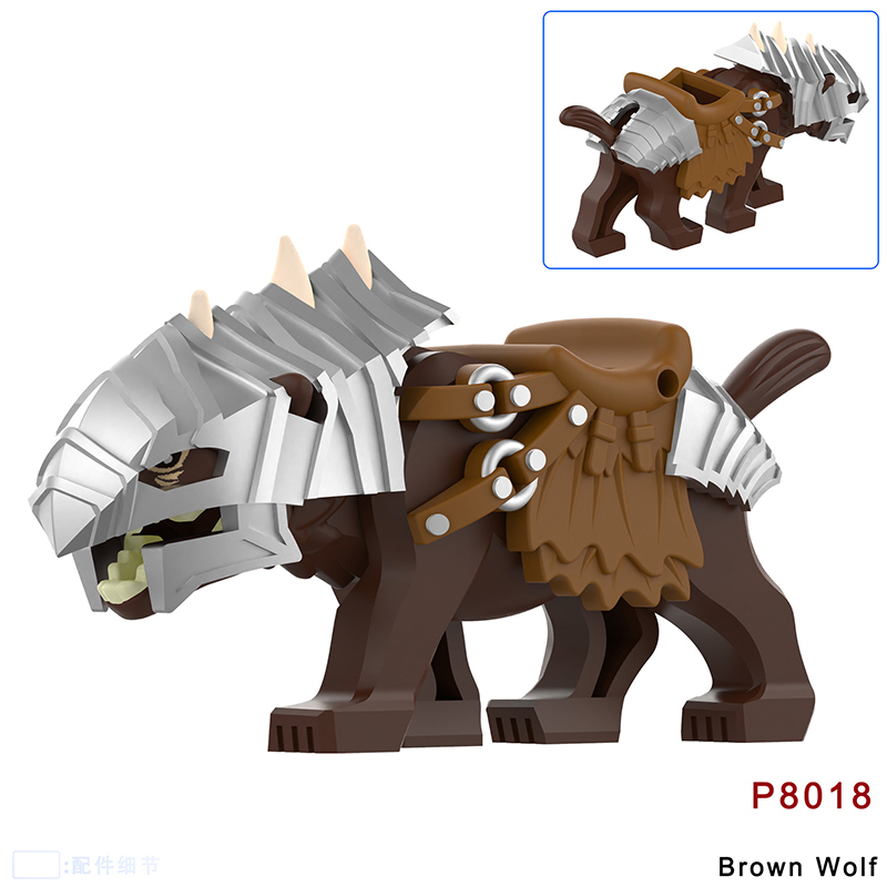 P8011-8012 Lord Of The Rings Black Wolf Minifigs Building Blocks Animal Mount Weapon Helmet Gun Monster Army Compatible Toys Boys