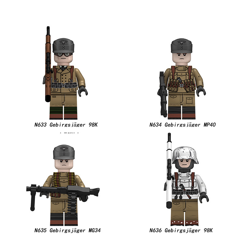 N629-632 Military WW2 German soldiers Action Figures Gebirgsjager Gun Weapon MP40 98K MG34 Building Blocks Children Gun Toys Boys