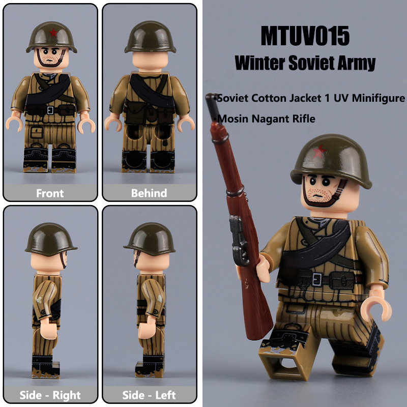 WW2 Soviet Cotton Coat Militia Minifigs Building Blocks UV Printing Mosin-Nagant Rifle War Army Weapon Soldier Figures Parts Bricks Toys