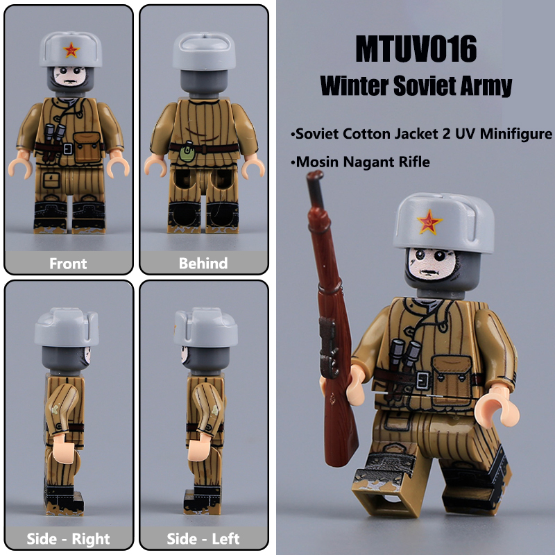 WW2 Soviet Cotton Coat Militia Minifigs Building Blocks UV Printing Mosin-Nagant Rifle War Army Weapon Soldier Figures Parts Bricks Toys