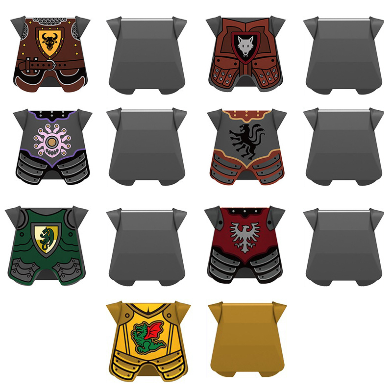 N2007-2013 MOC Medieval Green Dragon Knights Armor Building Block Military Red Wolf Soldier Figures Accessories Weapons Children Gift Toy