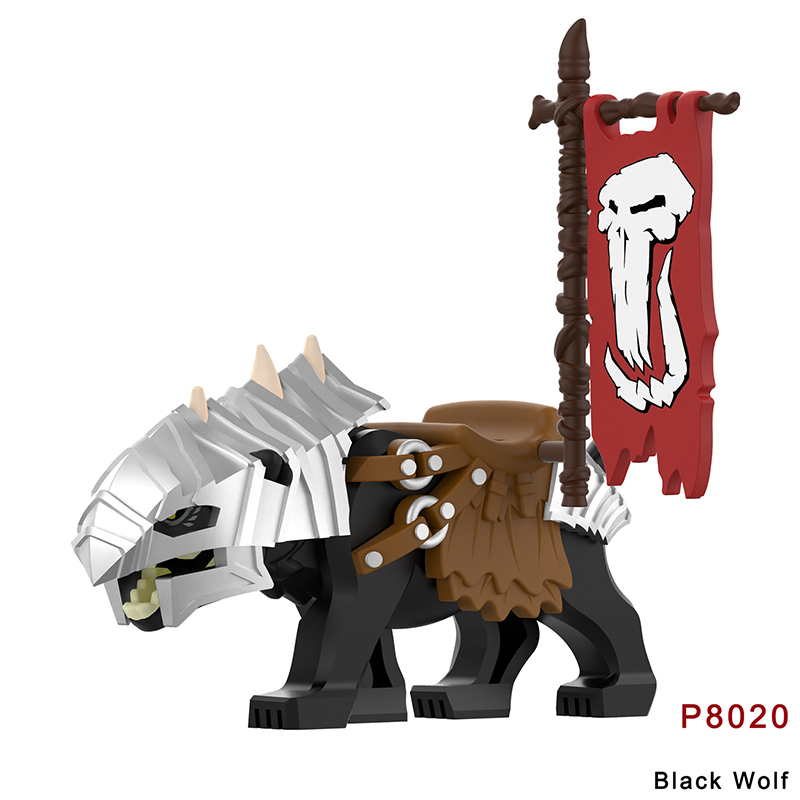 P8019-8022 Lord Of The Rings Black Wolf Minifigs Building Blocks Animal Mount Weapon Helmet Gun Monster Army Compatible Toys Boys