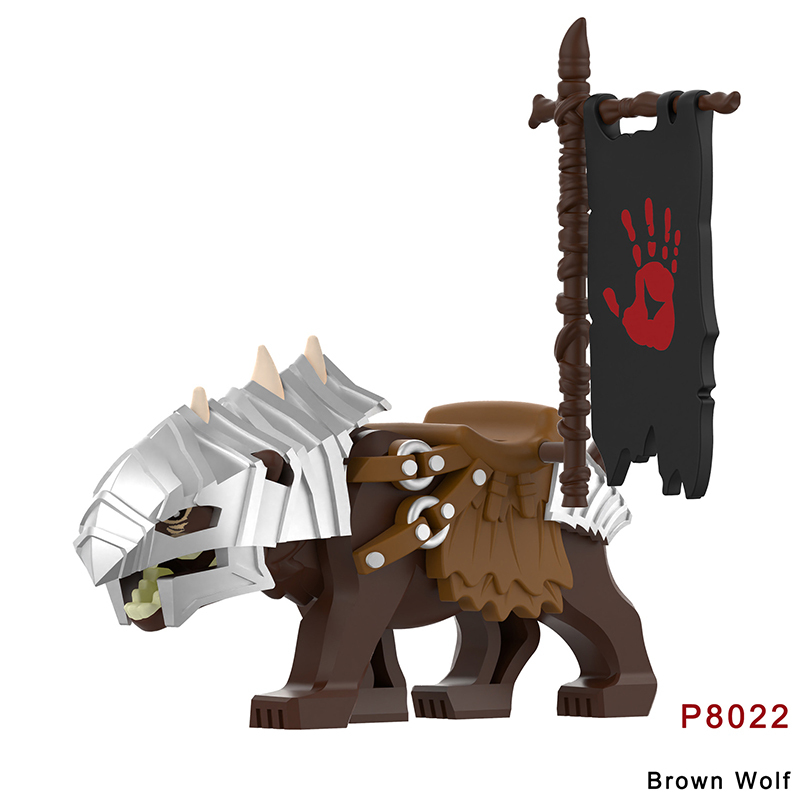 P8019-8022 Lord Of The Rings Black Wolf Minifigs Building Blocks Animal Mount Weapon Helmet Gun Monster Army Compatible Toys Boys