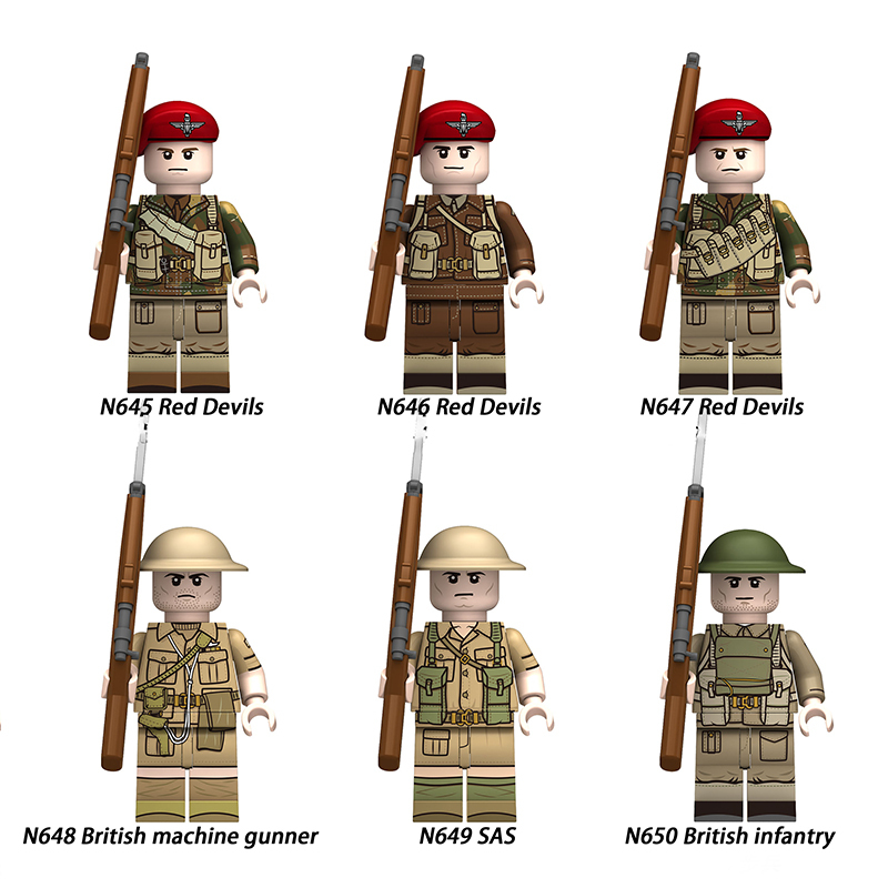 N645-650 WW2 British Soldiers Military  Red Devils Machine Gunner Minifigs Building Blocks Weapon Army Accessories Model Vest Toys Boys Gift