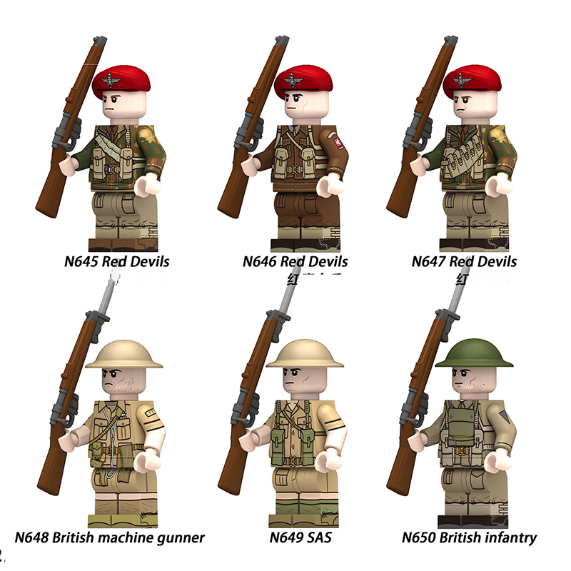 N645-650 WW2 British Soldiers Military  Red Devils Machine Gunner Minifigs Building Blocks Weapon Army Accessories Model Vest Toys Boys Gift