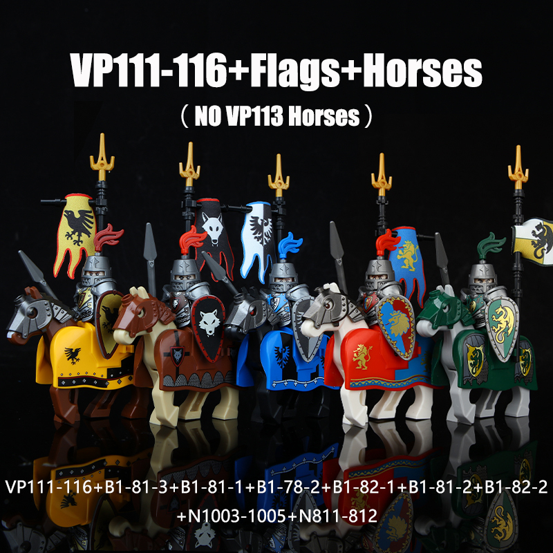 VP111-116 Medieval Green Dragon Knight Army Minifigs Building Blocks Weapon Soldiers Wolfpack Warrier Shield Horse Children Toys Gifts