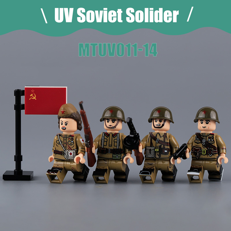 WW2 Soviet Cotton Coat Militia Minifigs Building Blocks UV Printing Mosin-Nagant Rifle War Army Weapon Soldier Figures Parts Bricks Toys