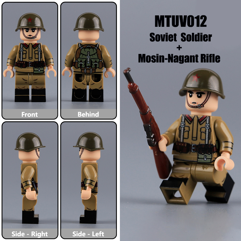WW2 Soviet Cotton Coat Militia Minifigs Building Blocks UV Printing Mosin-Nagant Rifle War Army Weapon Soldier Figures Parts Bricks Toys