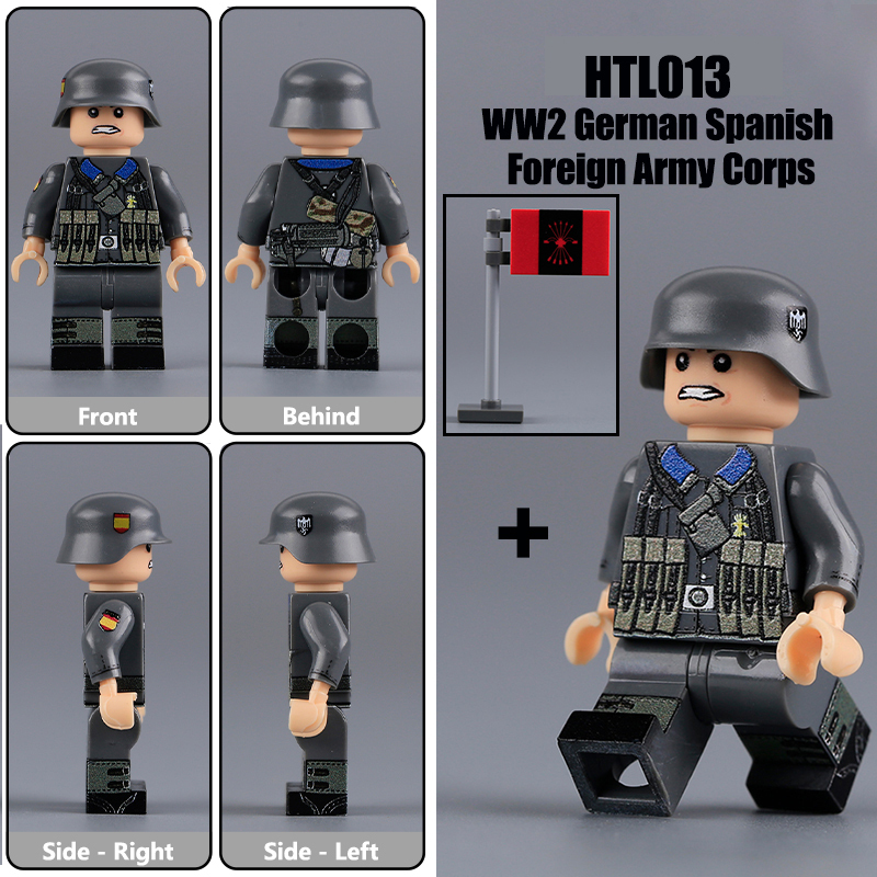 HTL013-016 WW2 German Spanish Foreign Army Corps Minifigs Building Blocks UV Printing SS-Obersturmbannführer Army Weapon Soldier Figures Parts Bricks Toys