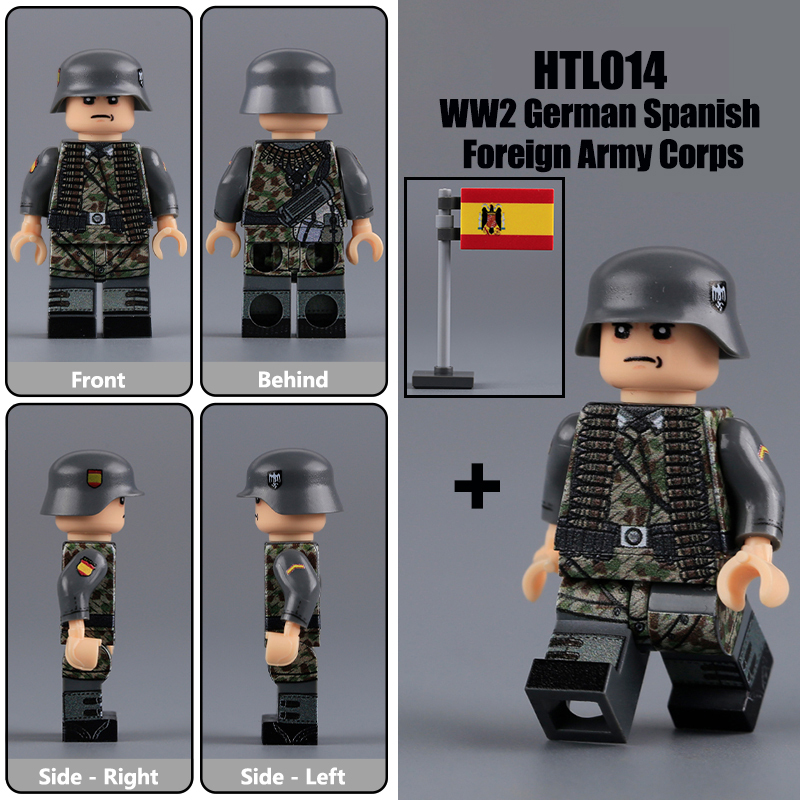 HTL013-016 WW2 German Spanish Foreign Army Corps Minifigs Building Blocks UV Printing SS-Obersturmbannführer Army Weapon Soldier Figures Parts Bricks Toys