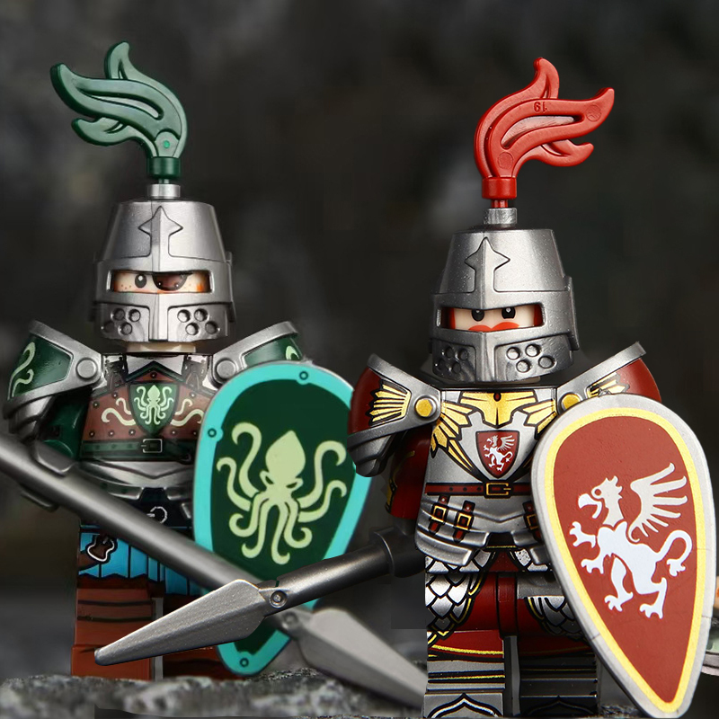 VP111-116 Medieval Green Dragon Knight Army Minifigs Building Blocks Weapon Soldiers Wolfpack Warrier Shield Horse Children Toys Gifts