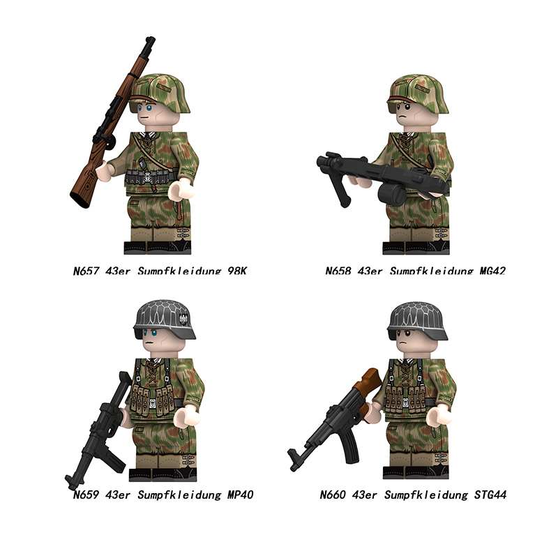 N621-624 Military WW2 German soldiers Action Figures Pea Camouflage Army 98K STG44 Building Blocks Weapons Gun Toys Boys