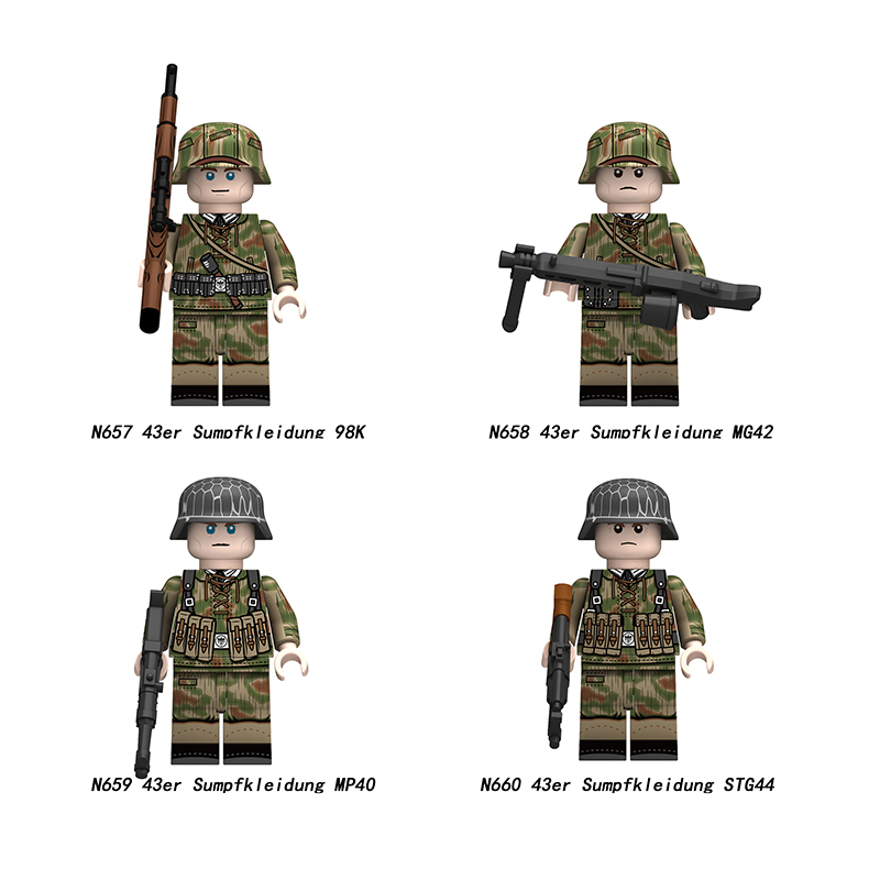 N621-624 Military WW2 German soldiers Action Figures Pea Camouflage Army 98K STG44 Building Blocks Weapons Gun Toys Boys
