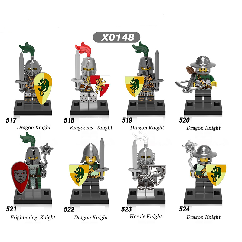 X0148 Medieval Military Soldiers Minifigures Set Building Blocks Dragon Knight Kingdom Knight Frightening Knight Heroic Knight Action Mini Figures Weapon Helmet Shield Armor Sword Assemble MOC Accessories Bricks Toys Children