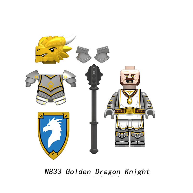 N833-836 Medieval Series Ancient Golden Dragon Knight Minifigs Building Blocks Blue Dragon Warrior Ranger Weapon Sword Shield Toys Boys