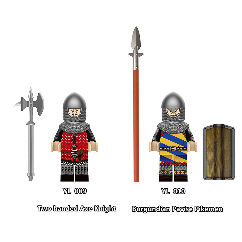 YL009 YL010 Medieval Knight Soldier Minifigs Two Handed Axe Militia Knight  Foot Feudal Weapon War Shield Building Blocks Crossbow Toy Kids Gifts