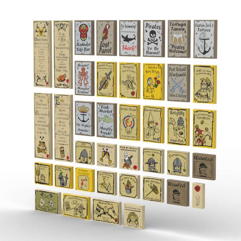 FJPJ040 FJPJ041 Medieval Posters Series Minifigs Wolfpack Skeleton Building Blocks Robin Printed Piece Compatible Toys Gift