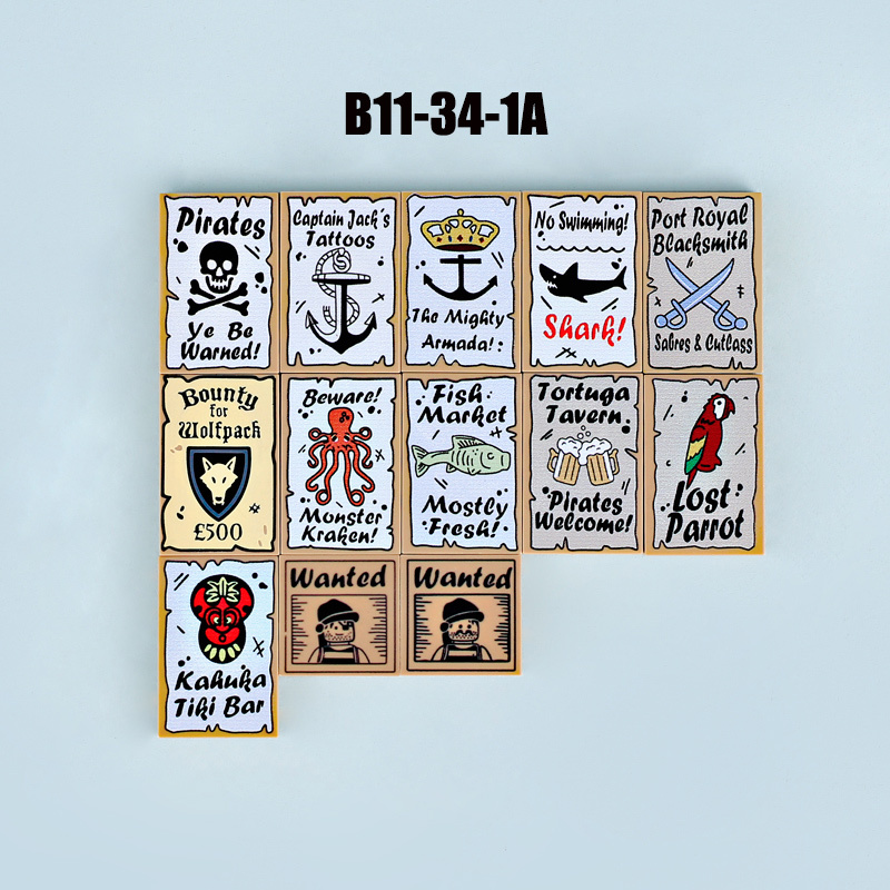 FJPJ040 FJPJ041 Medieval Posters Series Minifigs Wolfpack Skeleton Building Blocks Robin Printed Piece Compatible Toys Gift