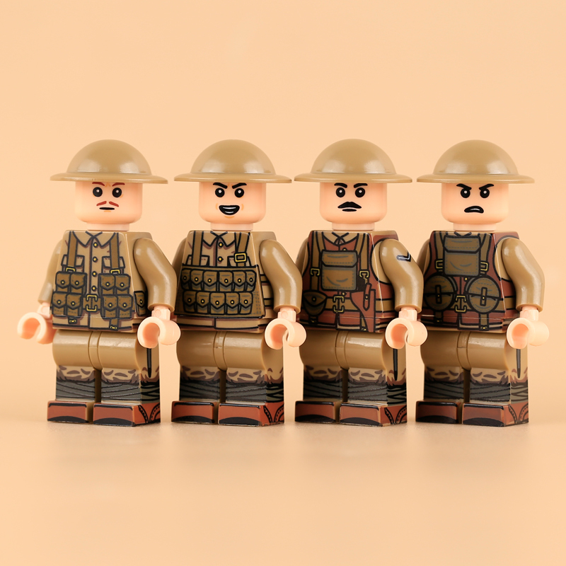 MTZ035-038 WW1 Soldiers Military British Machine Gunner Minifigs Building Blocks Trench Grenadier Assistant Gunner Toys Boys Gift