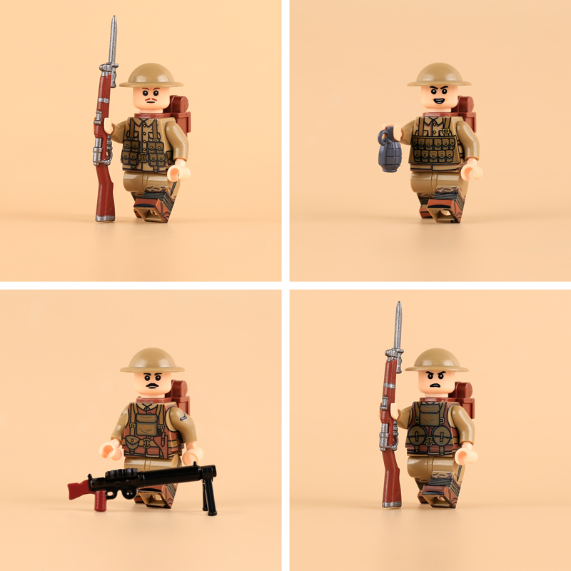 MTZ035-038 WW1 Soldiers Military British Machine Gunner Minifigs Building Blocks Trench Grenadier Assistant Gunner Toys Boys Gift