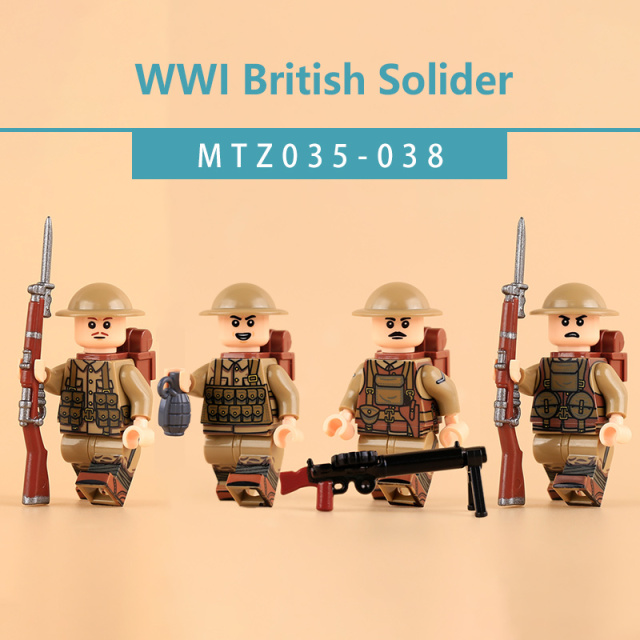 WW1 British Army Soldier Minifigures Set Machine Gunner Grenadier Assistant Gunner Military Building Blocks Collectible Toy Gift MTZ035-038