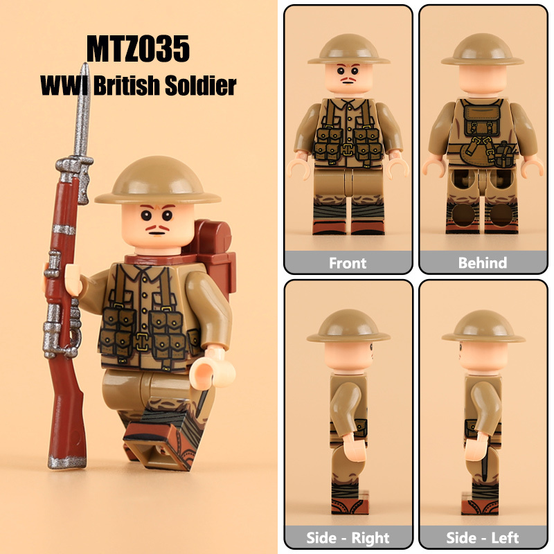 MTZ035-038 WW1 Soldiers Military British Machine Gunner Minifigs Building Blocks Trench Grenadier Assistant Gunner Toys Boys Gift