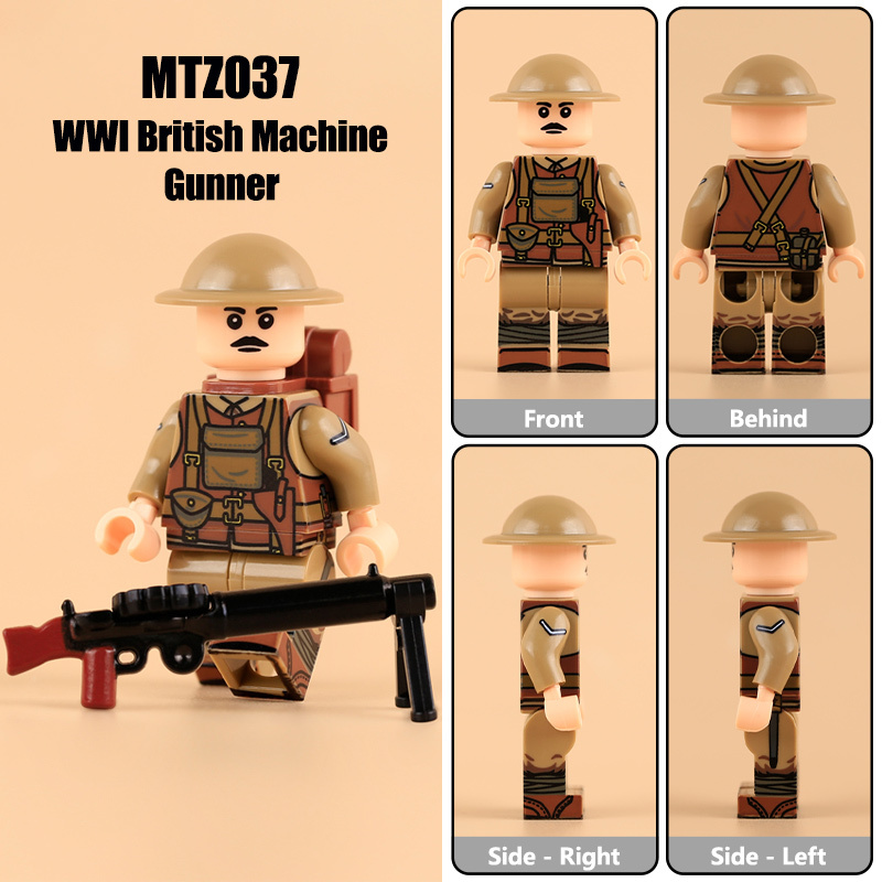 MTZ035-038 WW1 Soldiers Military British Machine Gunner Minifigs Building Blocks Trench Grenadier Assistant Gunner Toys Boys Gift