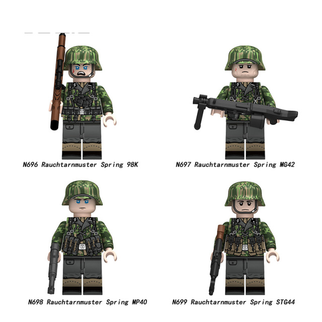 WW2 Military German Army Soldier Bricks Figures Rauchtarnmuster Spring Accessories MP40 STG44 98K Building Blocks Weapons Toy N696-699