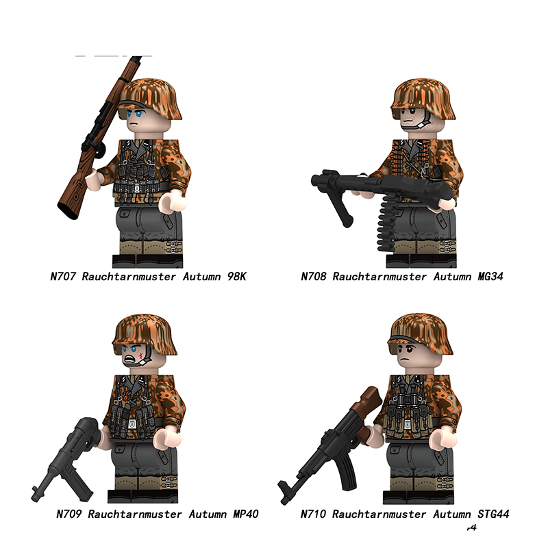 WW2 German Rauchtarnmuster Autumn Soldiers Minifigs Building Blocks MP40 STG44 MG34 Weapon Military Children Toy N707-710