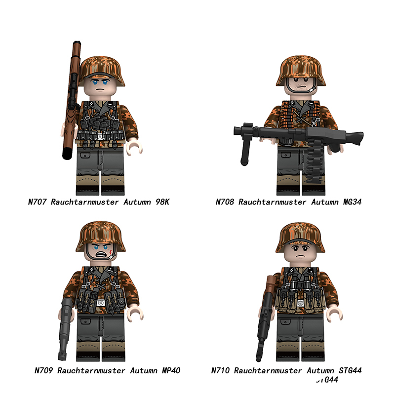 WW2 German Rauchtarnmuster Autumn Soldiers Minifigs Building Blocks MP40 STG44 MG34 Weapon Military Children Toy N707-710