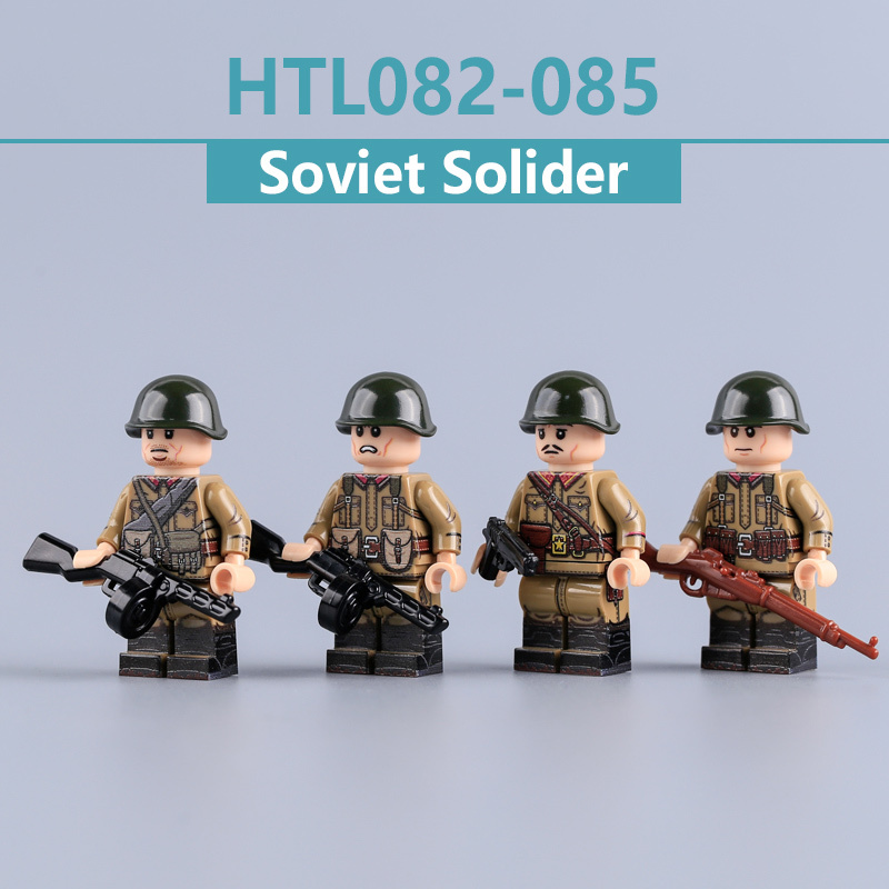 WW2 Soviet Soldier Minifigs M35 Uniform PPSH Weapon UV Printed Military Building Blocks Children Toys Compatible Collection HTL082-85