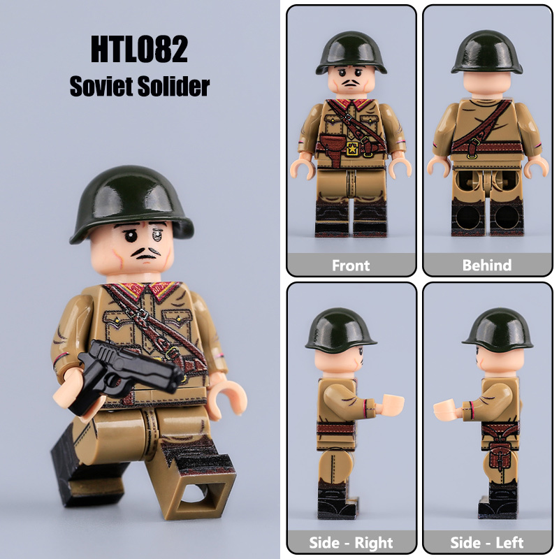 WW2 Soviet Soldier Minifigs M35 Uniform PPSH Weapon UV Printed Military Building Blocks Children Toys Compatible Collection HTL082-85