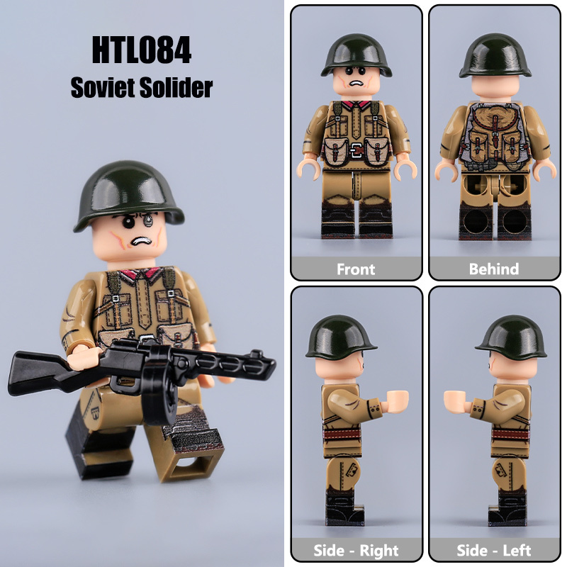WW2 Soviet Soldier Minifigs M35 Uniform PPSH Weapon UV Printed Military Building Blocks Children Toys Compatible Collection HTL082-85