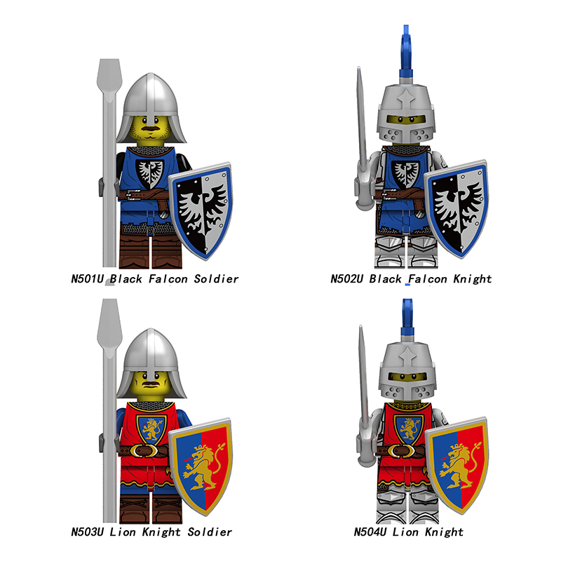 Medieval Castle Knight  Black Falcon Solider Lion Minifigs Building Blocks UV Printed Shield Spear Weapon Toys N501U-504U
