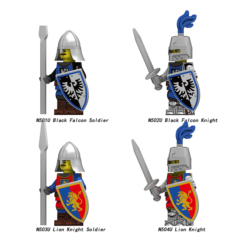 Medieval Castle Knight  Black Falcon Solider Lion Minifigs Building Blocks UV Printed Shield Spear Weapon Toys N501U-504U