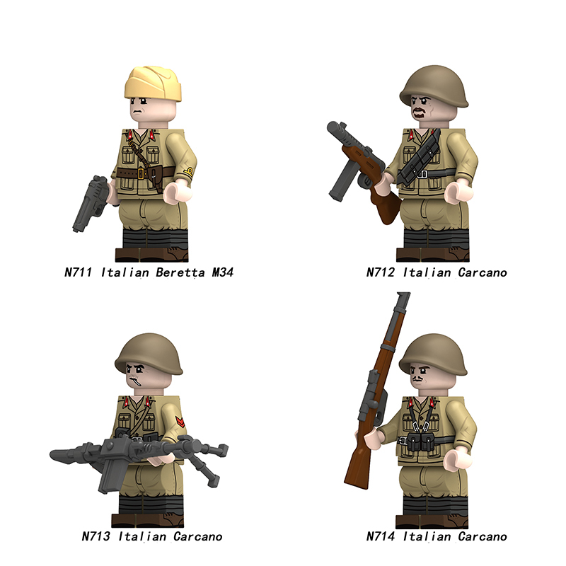 WW2 Italian Carcano Infantry Military Minifigs Building Blocks Army Soldier Beretta M34 Weapon Compatible WW2 Moc Bricks Toy N711-714