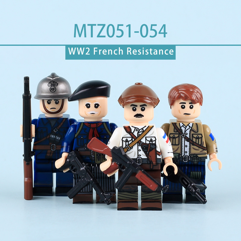 WWII French Resistance FF1 Military Minifigs Gunner MP40 Sten