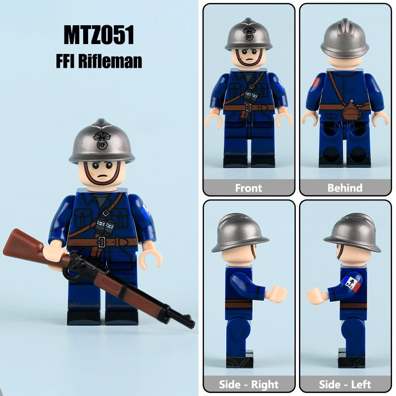 WW2 French Resistance FFI Rifleman Minifigs Building Block Rifleman Commander SMG Gunner MP40 Historical Military Solider Toy Gifts MTZ051-054