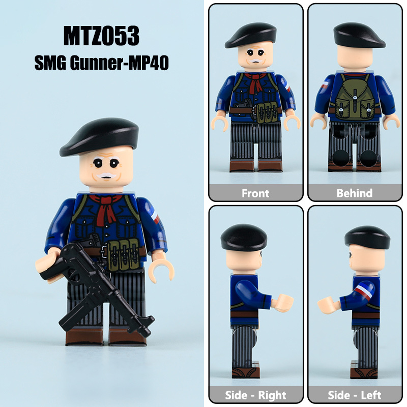 WW2 French Resistance FFI Rifleman Minifigs Building Block Rifleman Commander SMG Gunner MP40 Historical Military Solider Toy Gifts MTZ051-054