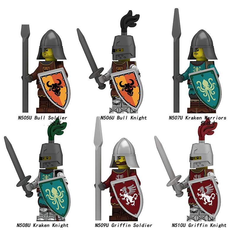 Medieval Griffin Knight  Bull Solider Kraken Wrriors Minifigs Building Blocks UV Printed Shield Spear Weapon Toys N505U-510U