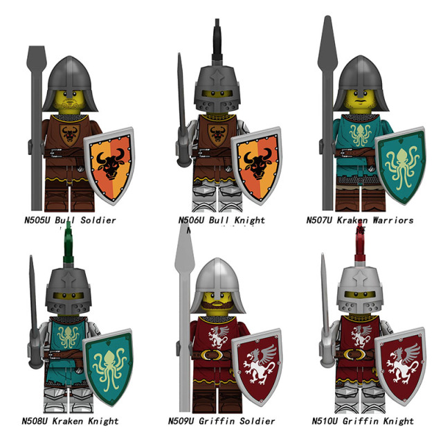 Medieval Griffin Knight  Bull Solider Kraken Wrriors Minifigs Building Blocks UV Printed Shield Spear Weapon Toys N505U-510U