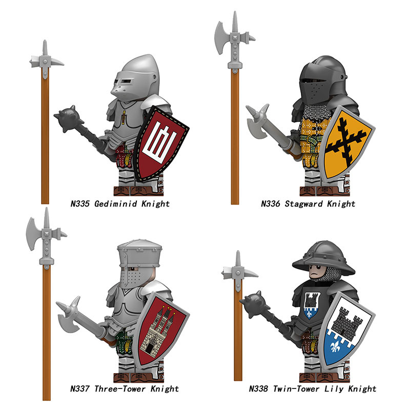 Medieval Knight Three-Tower Solider Lily Kraken Wrriors Minifigs Building BlocksGediminid Stagward Shield Spear Weapon Toys N335-338