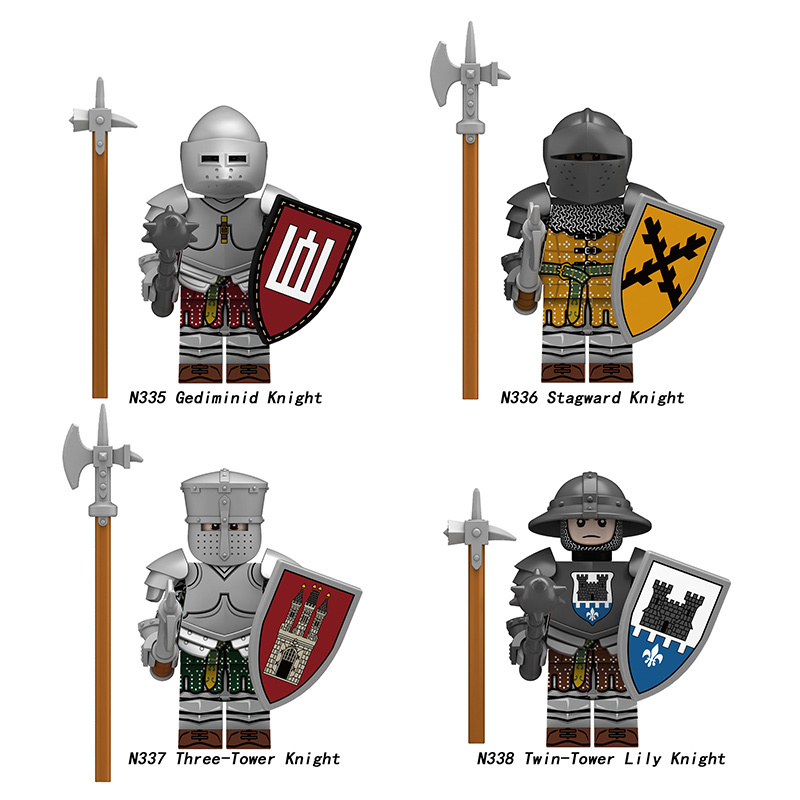 Medieval Knight Three-Tower Solider Lily Kraken Wrriors Minifigs Building BlocksGediminid Stagward Shield Spear Weapon Toys N335-338