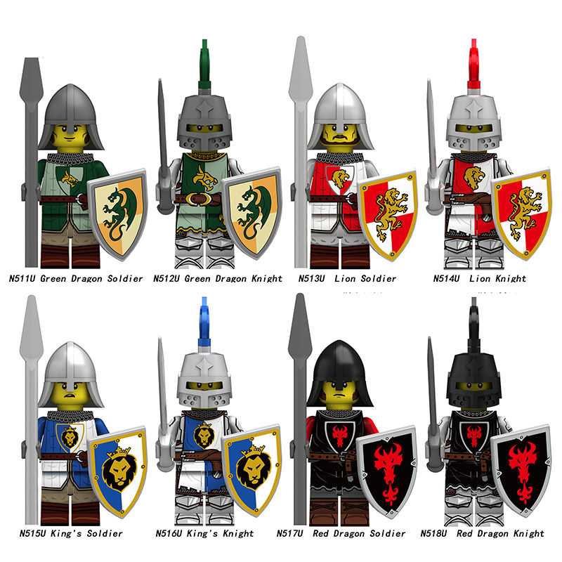 Medieval Knight Green Dragon Solider Lion Warriors Minifigs Building Blocks UV Printed King Shield Spear Weapon Toys N511U-517U