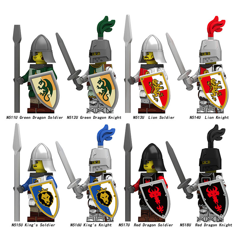 Medieval Knight Green Dragon Solider Lion Warriors Minifigs Building Blocks UV Printed King Shield Spear Weapon Toys N511U-517U