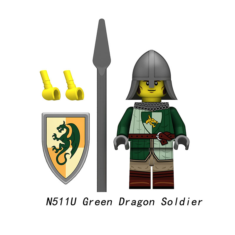 Medieval Knight Green Dragon Solider Lion Warriors Minifigs Building Blocks UV Printed King Shield Spear Weapon Toys N511U-517U