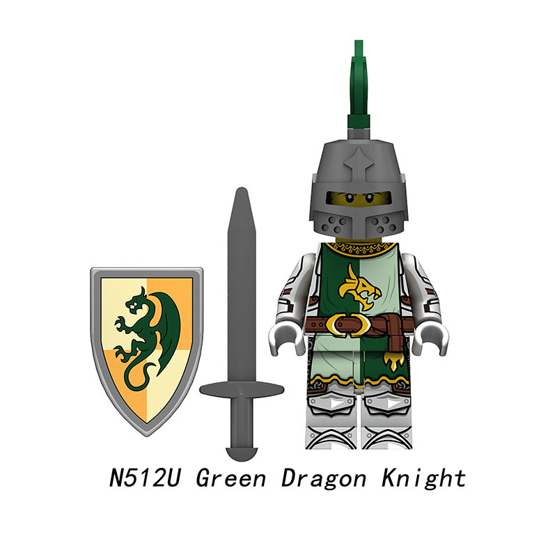 Medieval Knight Green Dragon Solider Lion Warriors Minifigs Building Blocks UV Printed King Shield Spear Weapon Toys N511U-517U