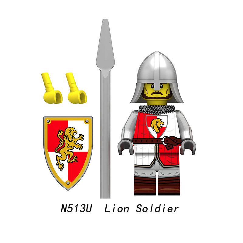 Medieval Knight Green Dragon Solider Lion Warriors Minifigs Building Blocks UV Printed King Shield Spear Weapon Toys N511U-517U