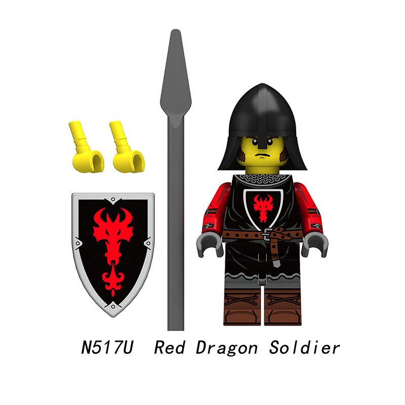 Medieval Knight Green Dragon Solider Lion Warriors Minifigs Building Blocks UV Printed King Shield Spear Weapon Toys N511U-517U