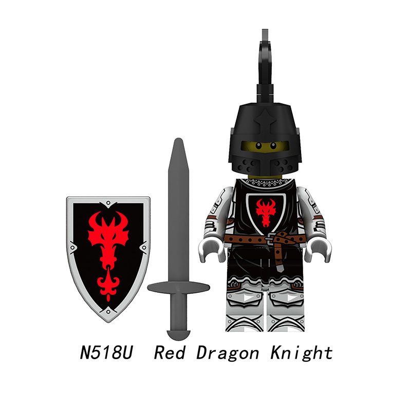 Medieval Knight Green Dragon Solider Lion Warriors Minifigs Building Blocks UV Printed King Shield Spear Weapon Toys N511U-517U